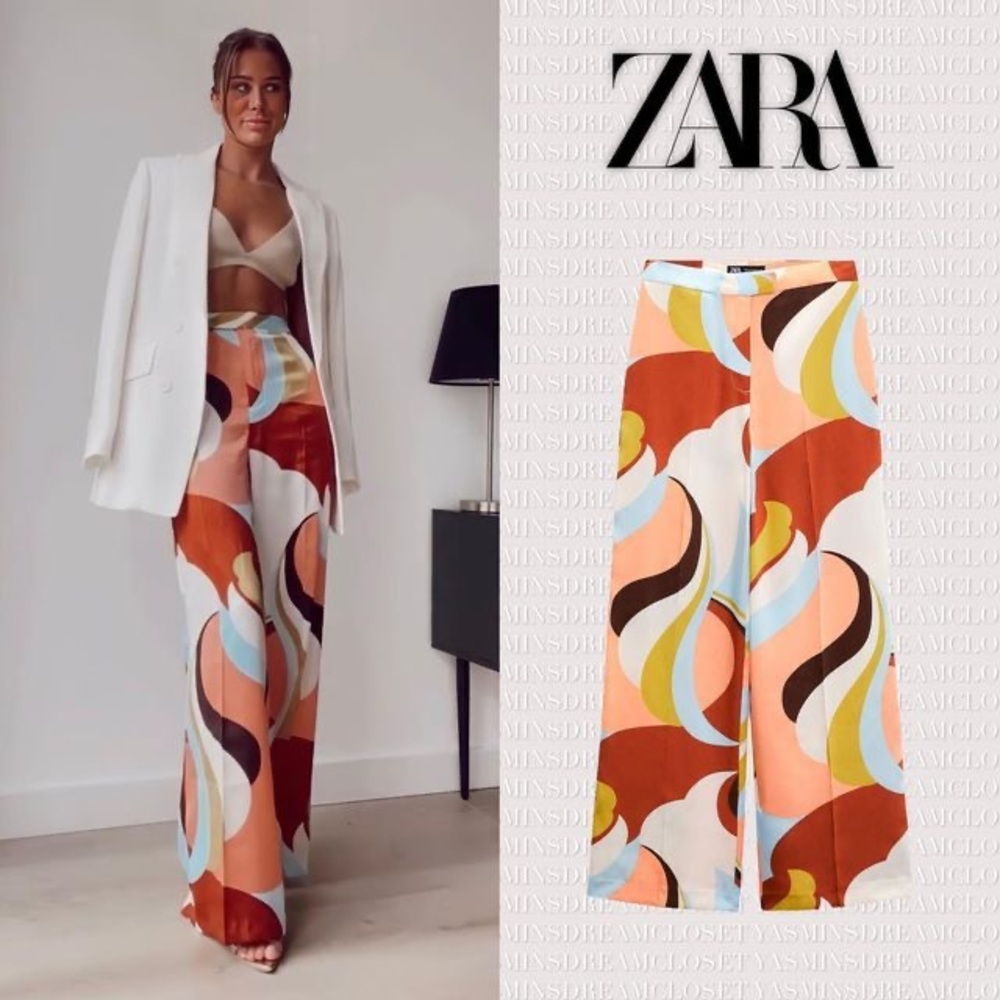 NWOT Zara Multicolor Abstract Print Wide-Leg Trousers